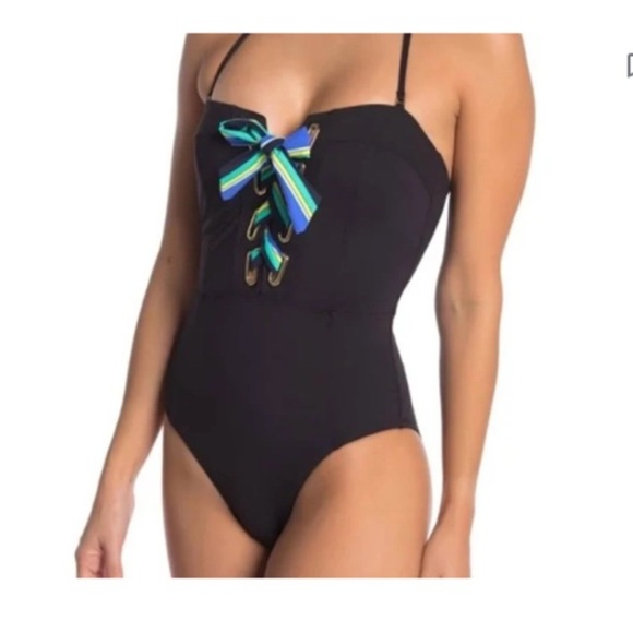 Trina Turk ipanema one piece bandeau lace up black blue swimsuit large - Picture 2 of 6